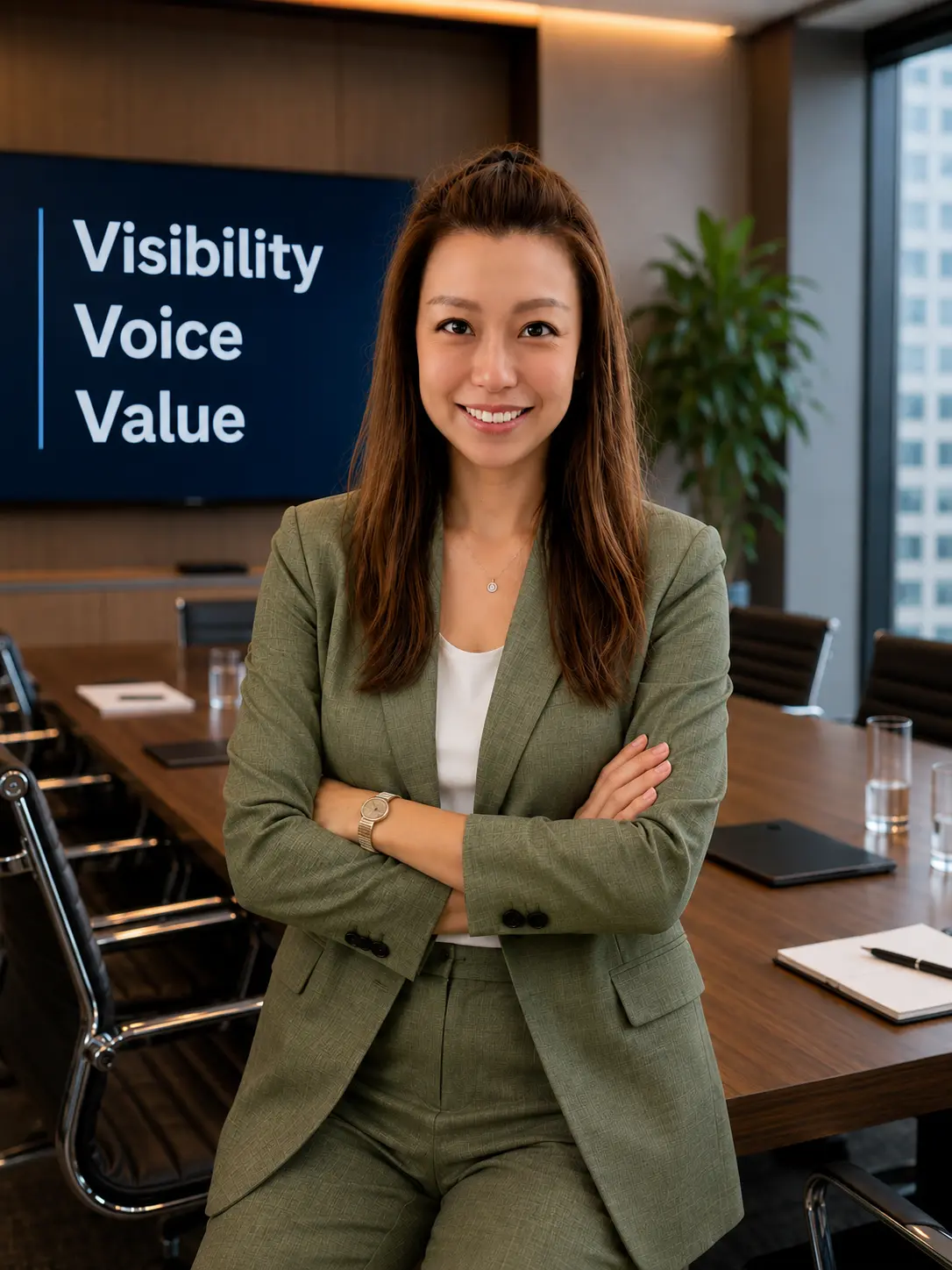 Melinda in an office with Visibility, Voice and Value on the screen